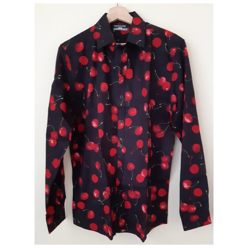 Black Button-up Shirt with Cherry Print - Picture 1 of 3